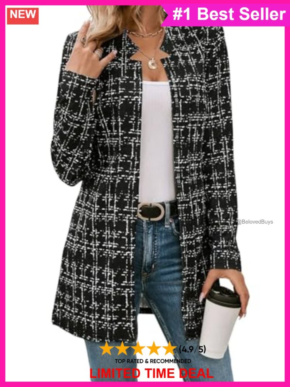 Plaid Tweed Blazer Slim Fit Notch Lapel Open Front Business Casual Jacket